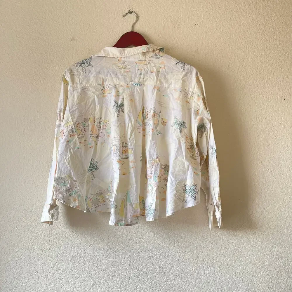 Vintage 70s sea landscape‎ print cropped button up with flowy back size small - Picture 3 of 7
